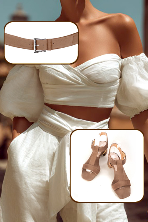 Women's biscuit beige elegant fully open instep strap sandals. Square toe. Low flare heels - Worn view